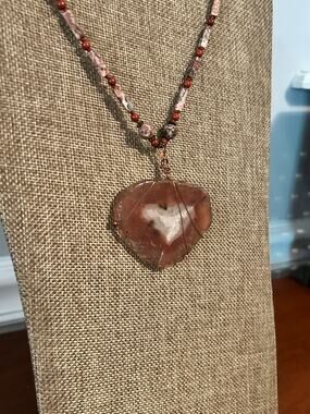 Wire Wrapped Natural Crazy Lace Agate Heart Pendant Necklace Jasper Beaded Chain
